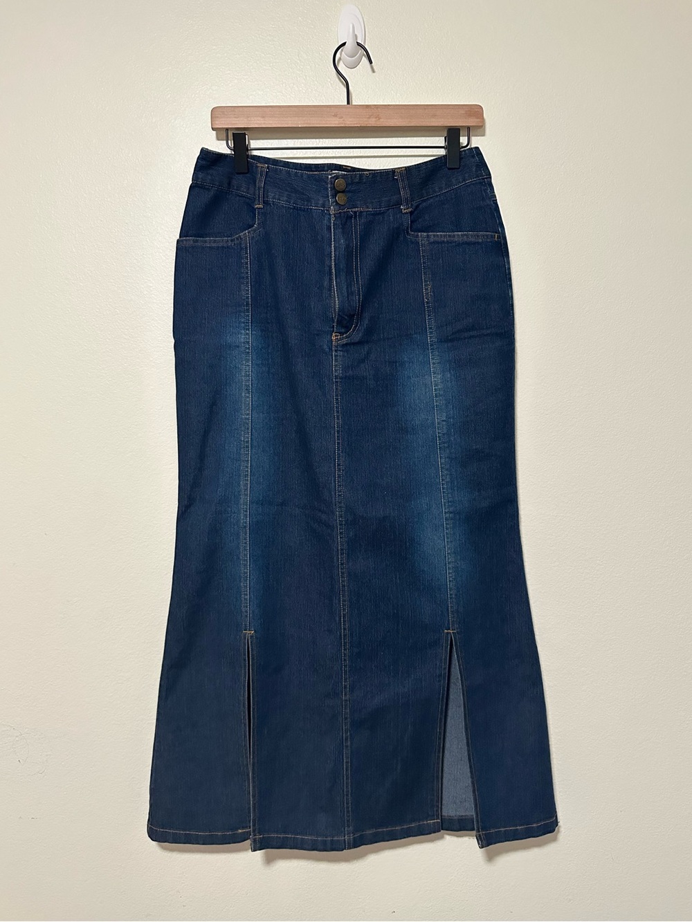 Vintage Y2K Solo Creations Dark Blue Denim Maxi Skirt with Front Slits
